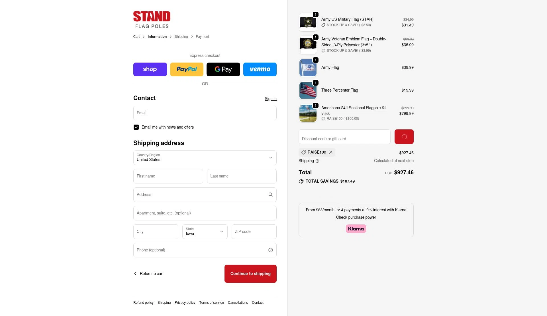 STAND Flag Poles checkout page showing STAND Flag Poles promo code box | Screenshot taken by SimplyCodes community member on Jan 7, 2026