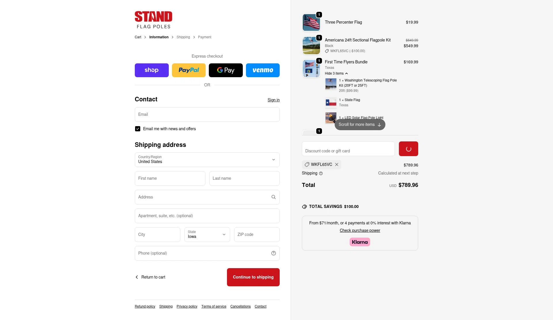 STAND Flag Poles checkout page showing STAND Flag Poles promo code box | Screenshot taken by SimplyCodes community member on Jan 2, 2026