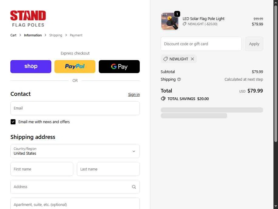 STAND Flag Poles checkout page showing STAND Flag Poles promo code box | Screenshot taken by SimplyCodes community member on Jan 8, 2026