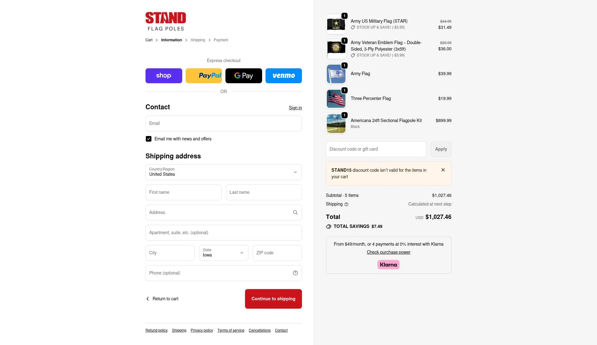 STAND Flag Poles checkout page showing STAND Flag Poles promo code box | Screenshot taken by SimplyCodes community member on Jan 7, 2026