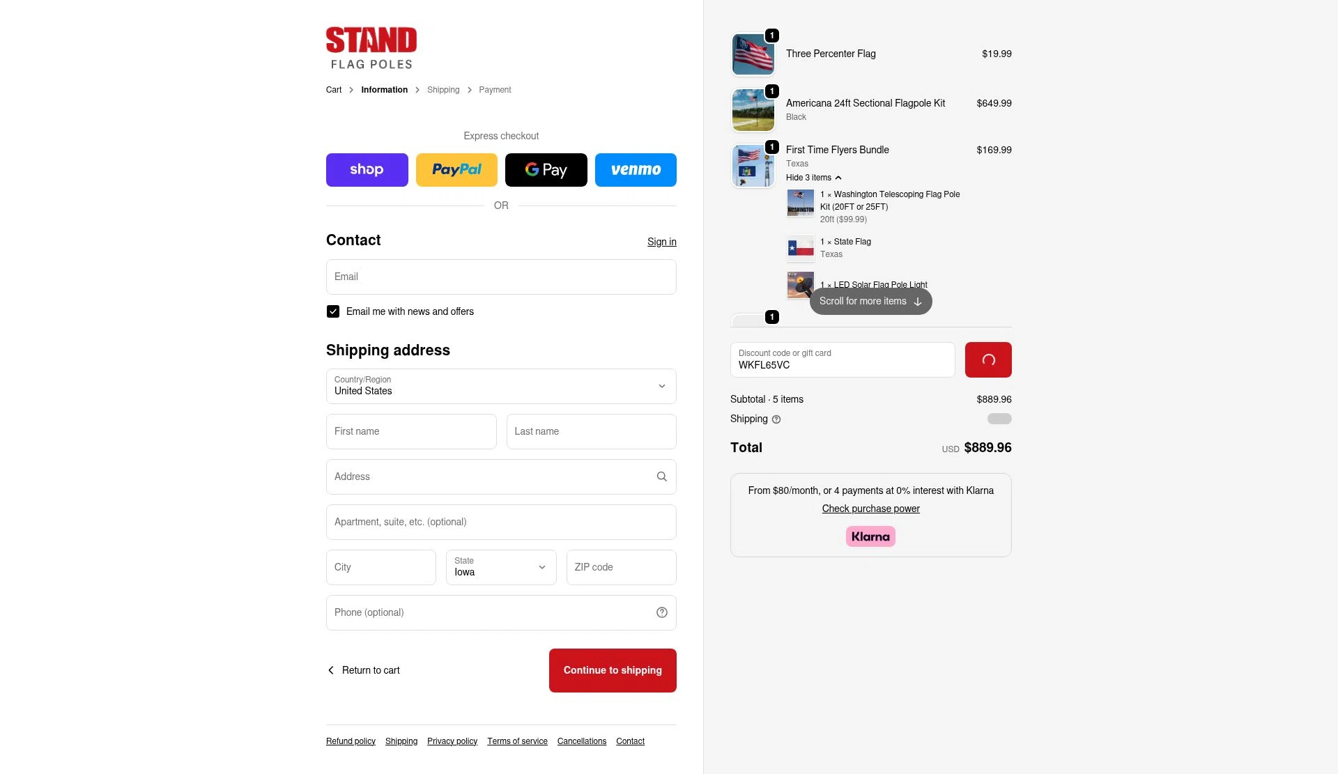 STAND Flag Poles checkout page showing STAND Flag Poles promo code box | Screenshot taken by SimplyCodes community member on Dec 28, 2025