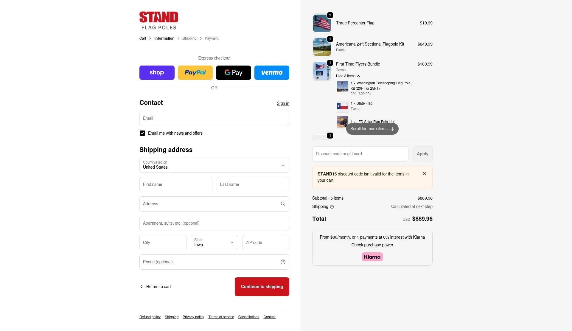 STAND Flag Poles checkout page showing STAND Flag Poles promo code box | Screenshot taken by SimplyCodes community member on Dec 28, 2025