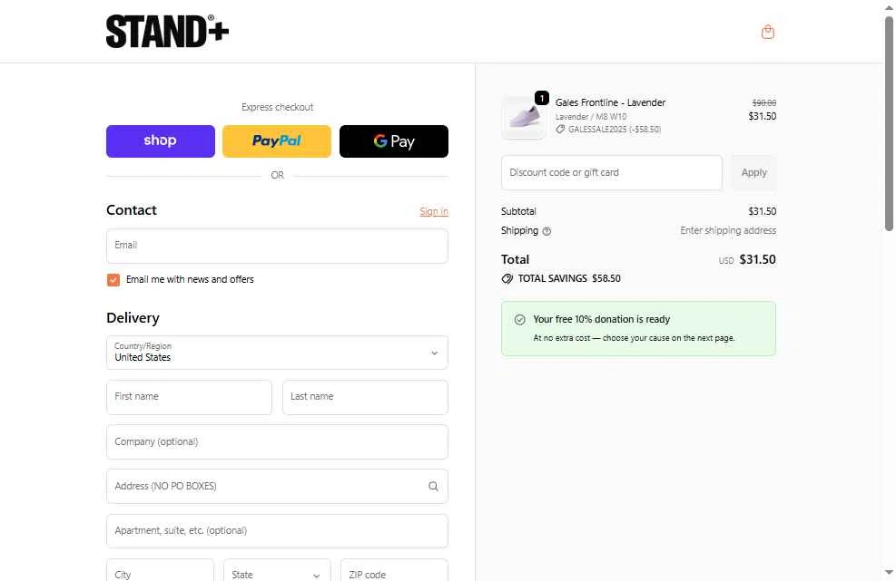 STAND+ checkout page showing STAND+ discount code box | Screenshot taken by SimplyCodes community member on Dec 27, 2025