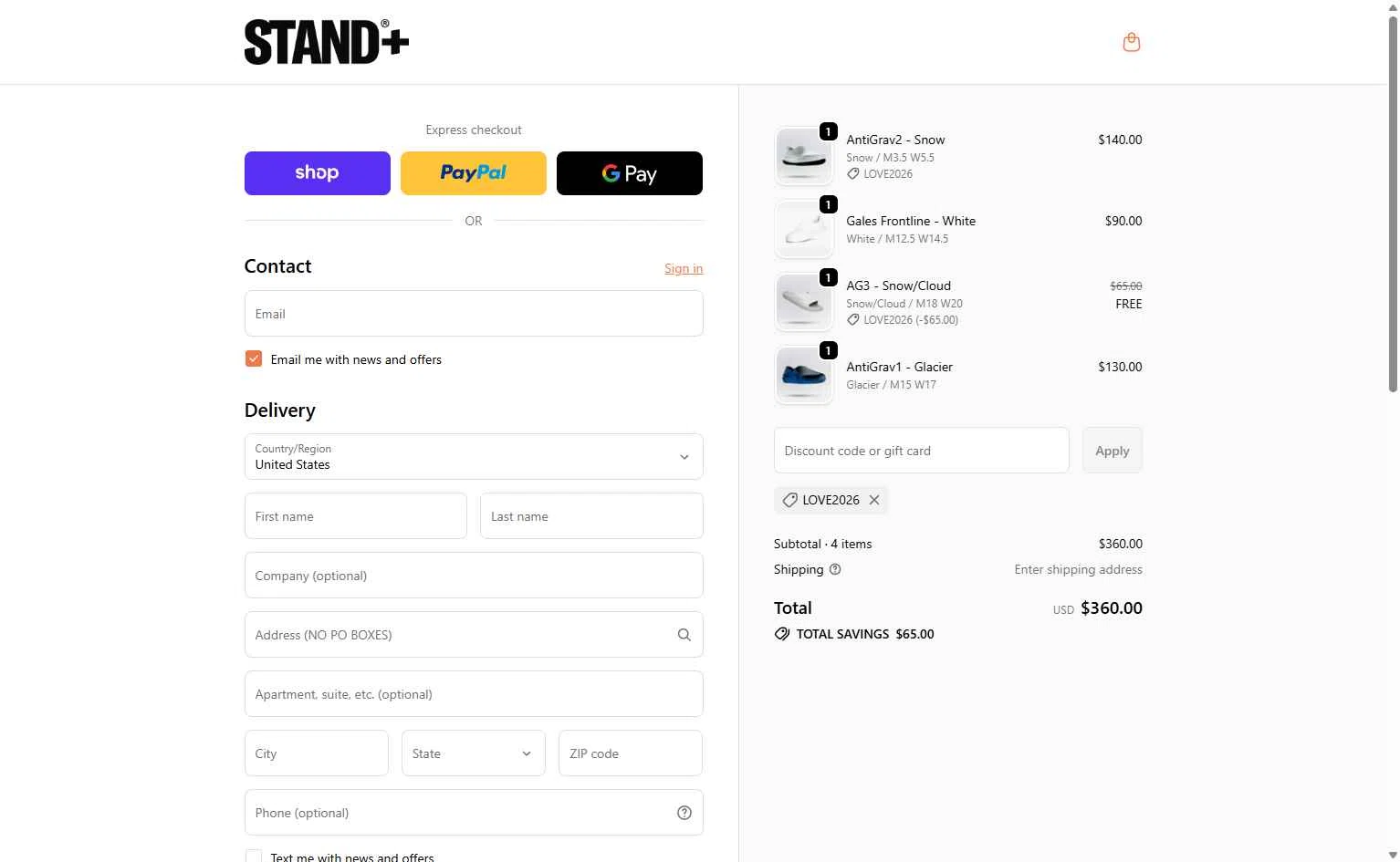 STAND+ checkout page showing STAND+ discount code box | Screenshot taken by SimplyCodes community member on Feb 6, 2026