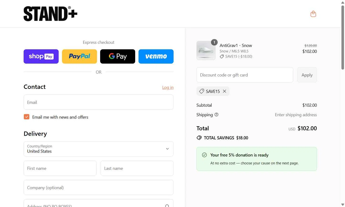STAND+ checkout page showing STAND+ discount code box | Screenshot taken by SimplyCodes community member on Aug 16, 2025