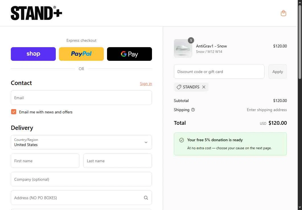STAND+ checkout page showing STAND+ discount code box | Screenshot taken by SimplyCodes community member on Sep 14, 2025