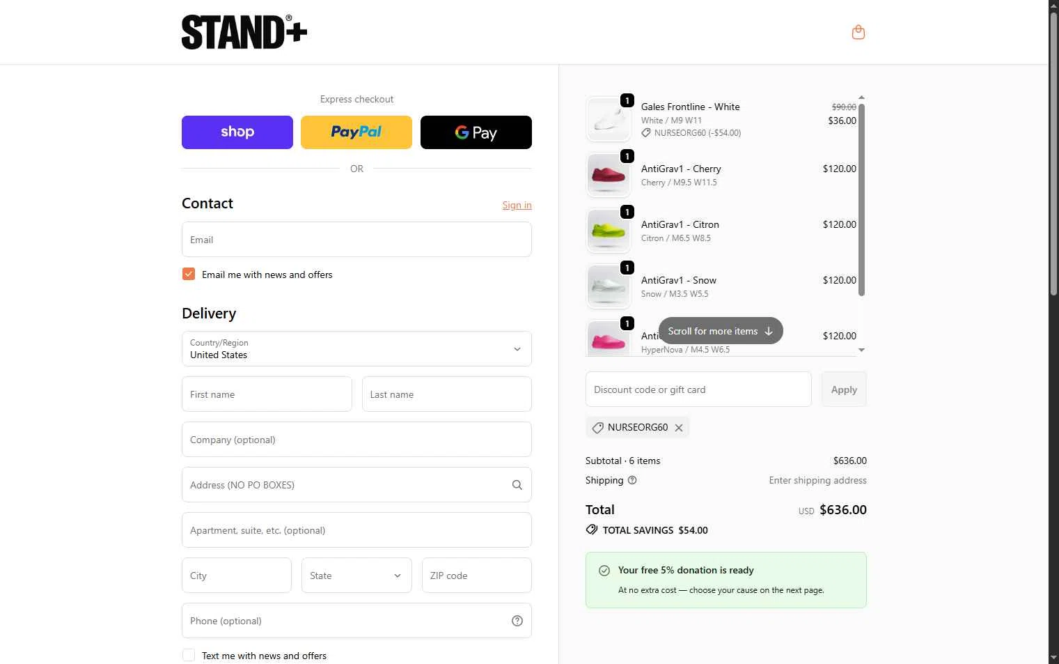 STAND+ checkout page showing STAND+ discount code box | Screenshot taken by SimplyCodes community member on Oct 15, 2025