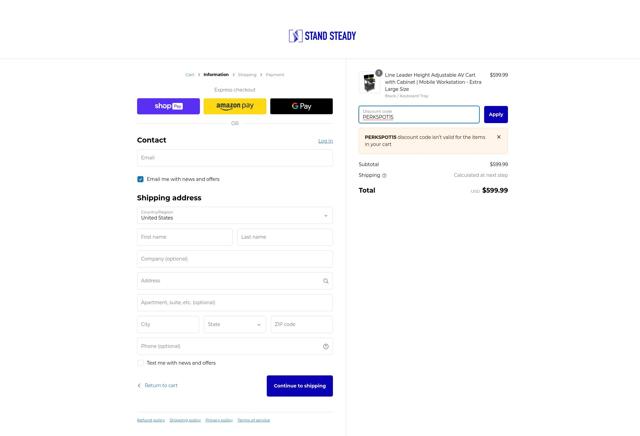 Stand Steady checkout page showing Stand Steady coupon code box | Screenshot taken by SimplyCodes community member on Dec 16, 2024