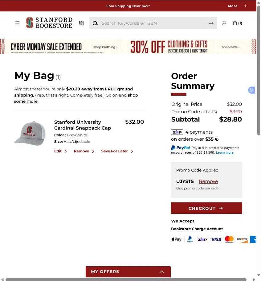 Stanford Bookstore checkout page showing Stanford Bookstore coupon code box | Screenshot taken by SimplyCodes community member on Dec 2, 2025