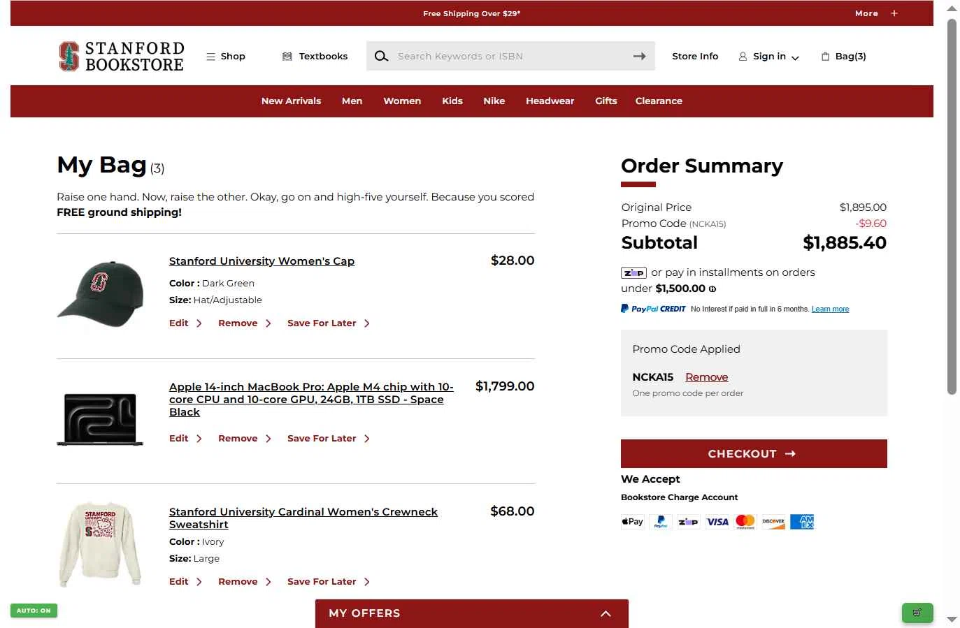 Stanford Bookstore checkout page showing Stanford Bookstore coupon code box | Screenshot taken by SimplyCodes community member on Dec 15, 2025