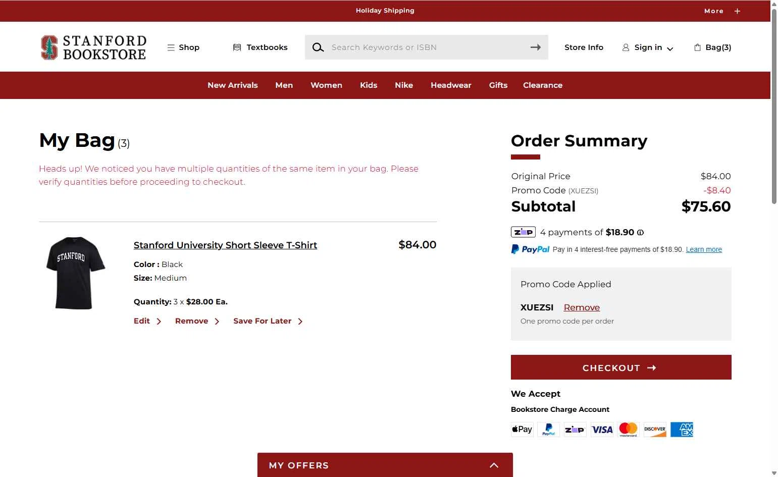 Stanford Bookstore checkout page showing Stanford Bookstore coupon code box | Screenshot taken by SimplyCodes community member on Dec 18, 2025
