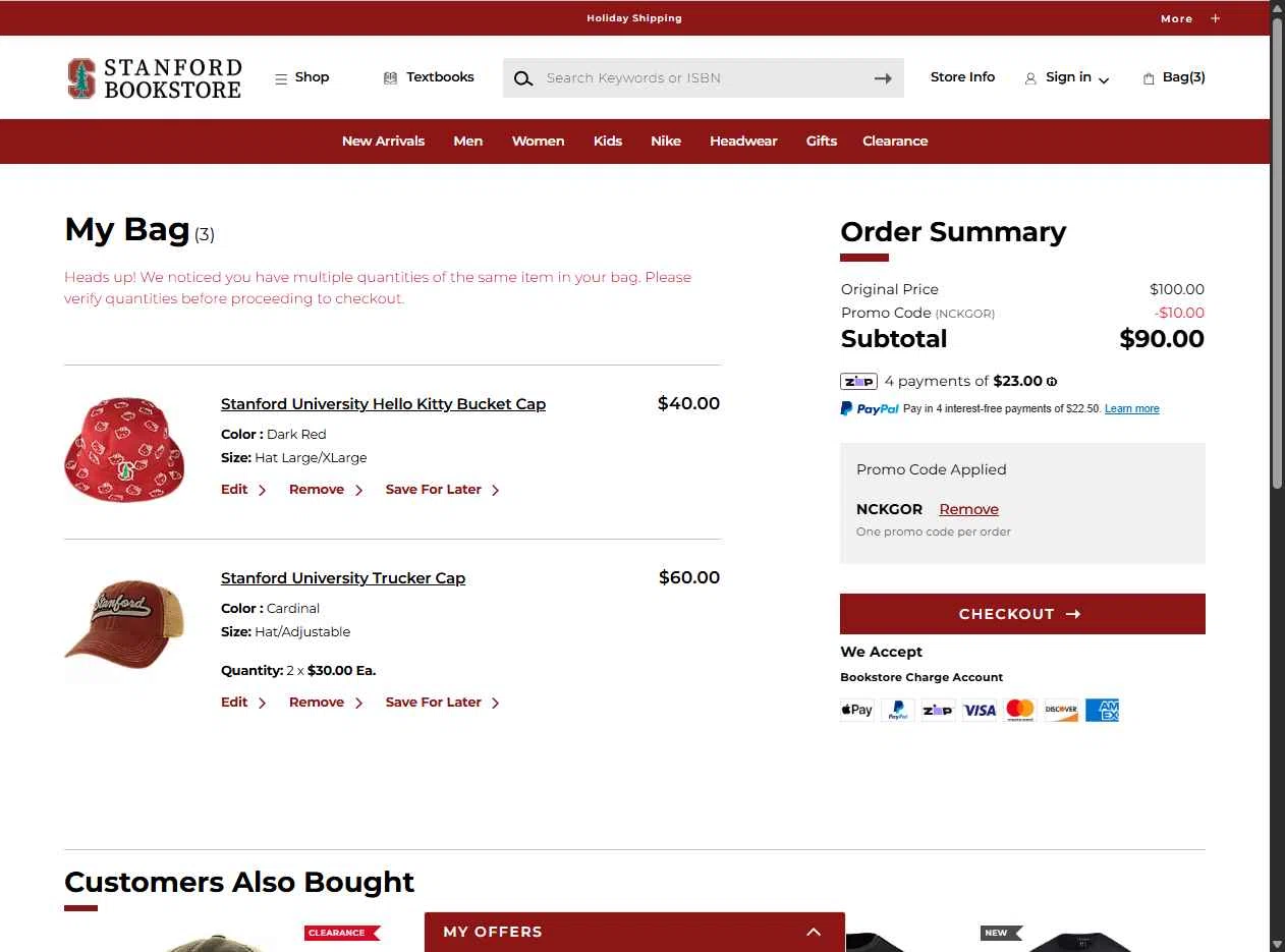 Stanford Bookstore checkout page showing Stanford Bookstore coupon code box | Screenshot taken by SimplyCodes community member on Dec 18, 2025