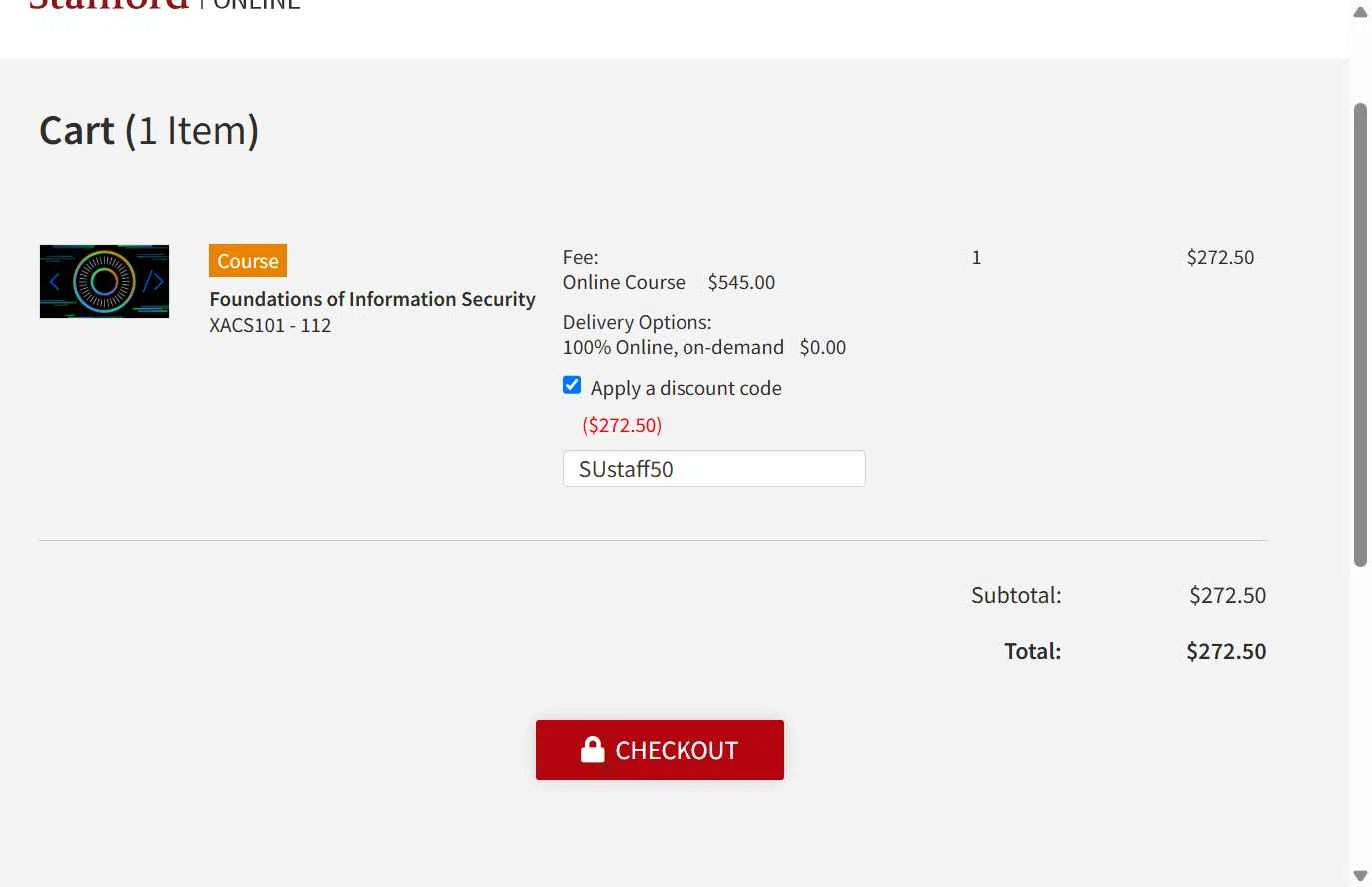 Stanford Online checkout page showing Stanford Online discount code box | Screenshot taken by SimplyCodes community member on May 7, 2025
