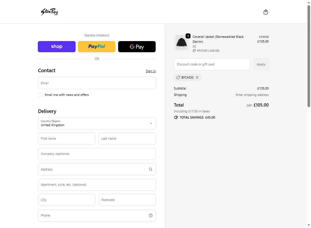 Stan Ray checkout page showing Stan Ray discount code box | Screenshot taken by SimplyCodes community member on Nov 13, 2025