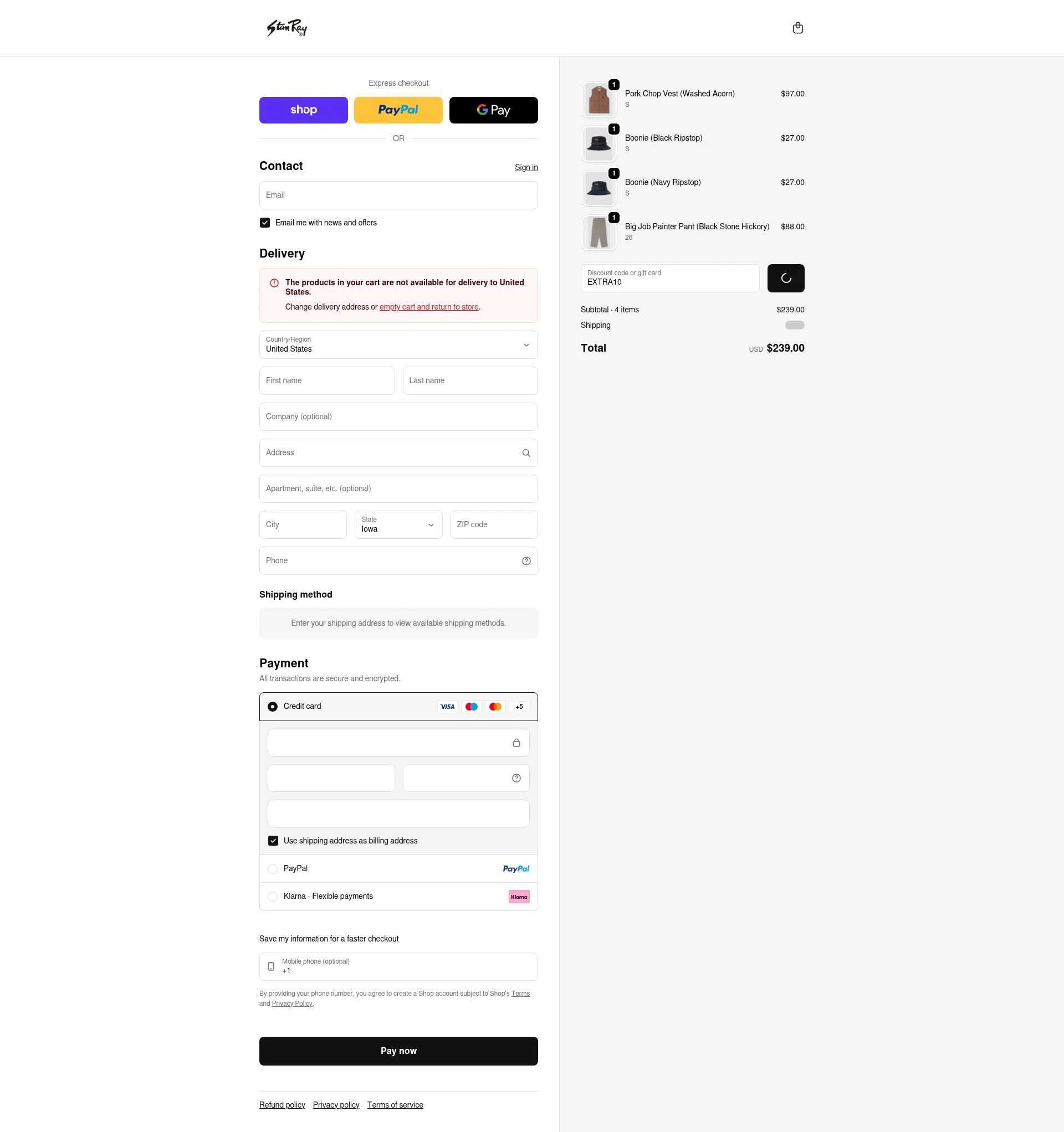 Stan Ray checkout page showing Stan Ray discount code box | Screenshot taken by SimplyCodes community member on Feb 11, 2026