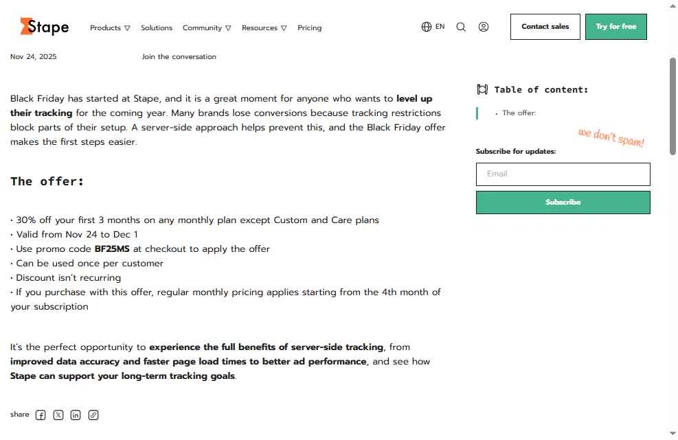 Stape checkout page showing Stape promo code box | Screenshot taken by SimplyCodes community member on Nov 24, 2025