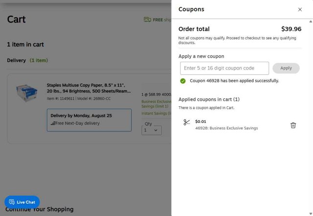 Staples checkout page showing Staples promo code box | Screenshot taken by SimplyCodes community member on Aug 22, 2025
