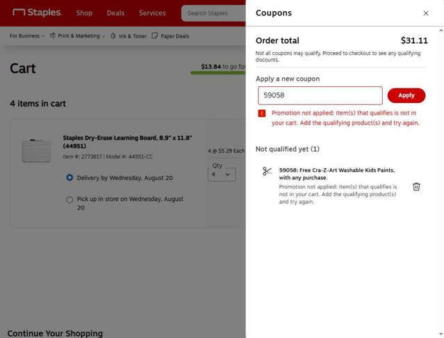 Staples checkout page showing Staples promo code box | Screenshot taken by SimplyCodes community member on Aug 18, 2025
