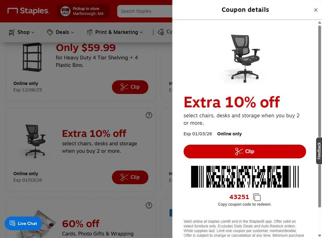 Staples Design checkout page showing Staples Design coupon code box | Screenshot taken by SimplyCodes community member on Dec 2, 2025
