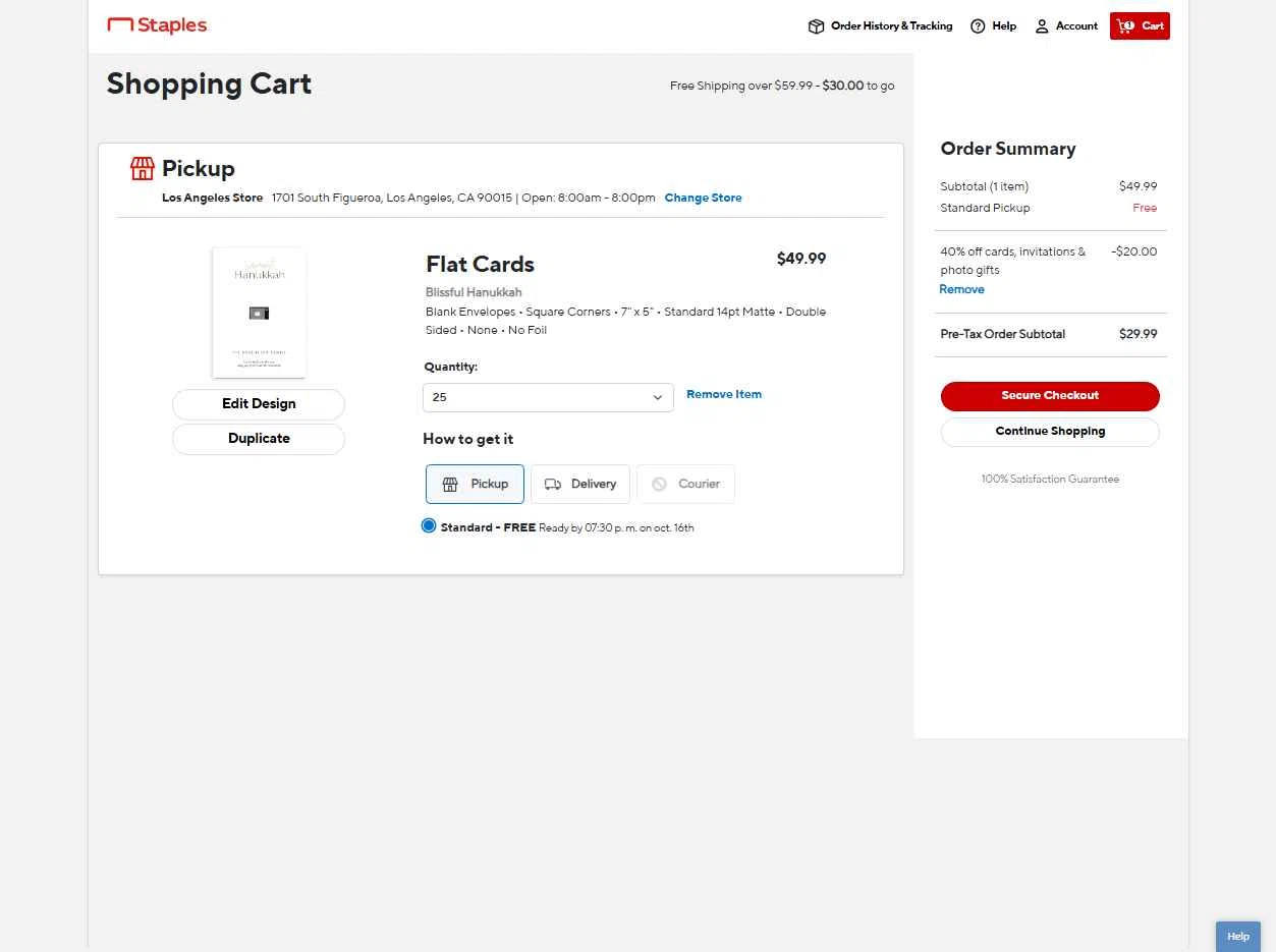 Staples Design checkout page showing Staples Design coupon code box | Screenshot taken by SimplyCodes community member on Oct 16, 2025
