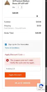holiday10 coupon verification screenshot