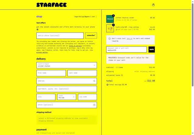 Starface checkout page showing Starface discount code box | Screenshot taken by SimplyCodes community member on Sep 12, 2025