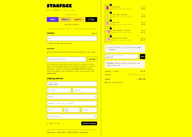 Starface checkout page showing Starface discount code box | Screenshot taken by SimplyCodes community member on Sep 12, 2025