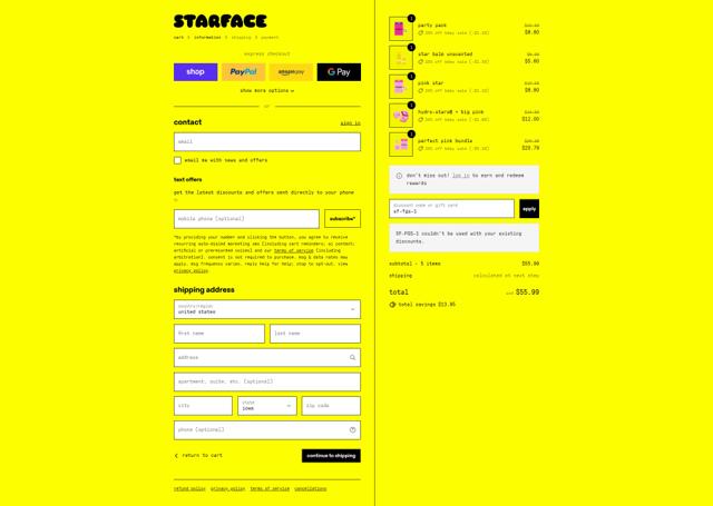 Starface checkout page showing Starface discount code box | Screenshot taken by SimplyCodes community member on Sep 12, 2025