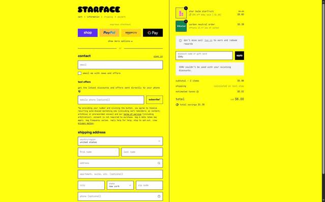 Starface checkout page showing Starface discount code box | Screenshot taken by SimplyCodes community member on Sep 12, 2025