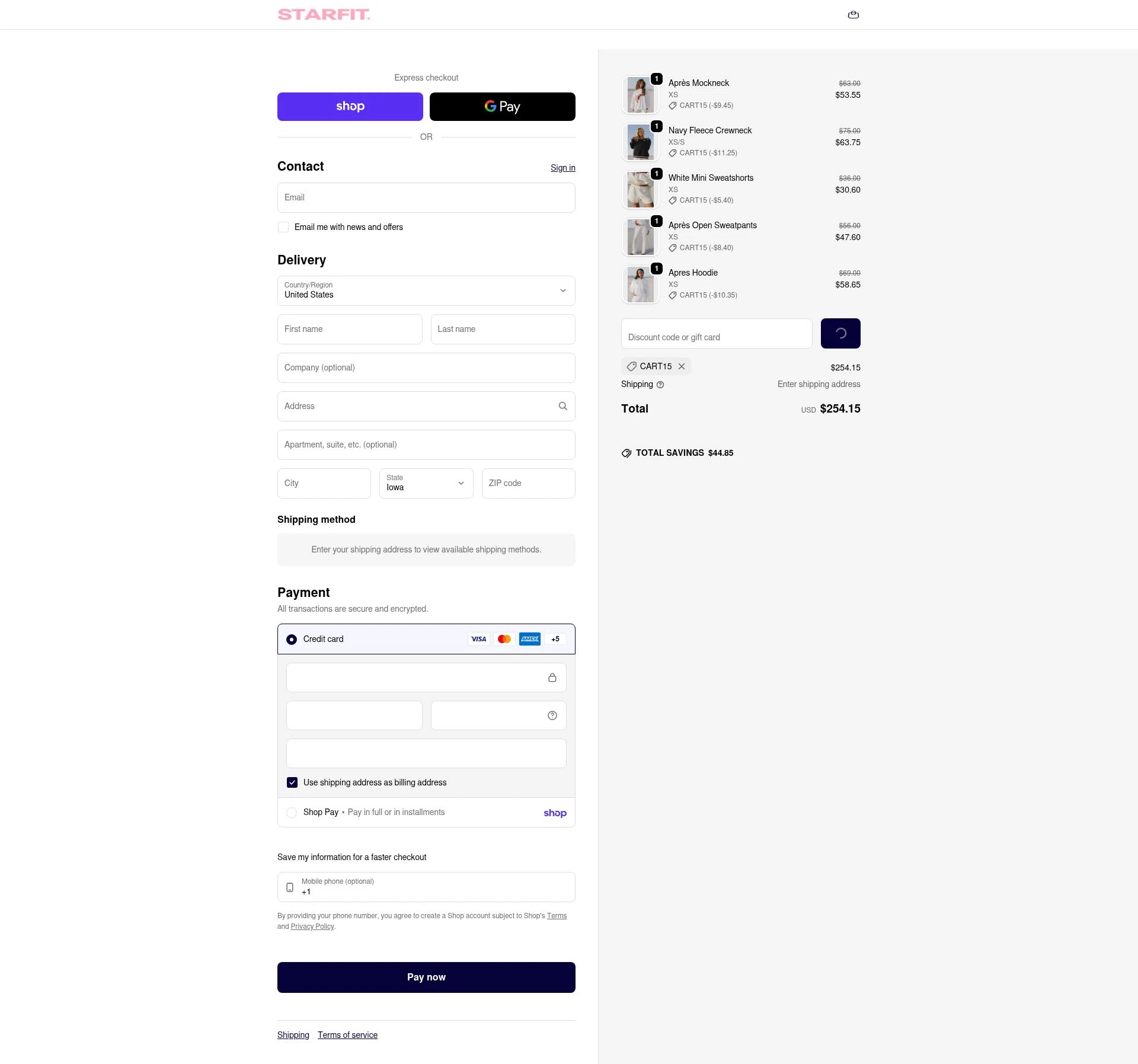 STARFIT checkout page showing STARFIT discount code box | Screenshot taken by SimplyCodes community member on Feb 11, 2026