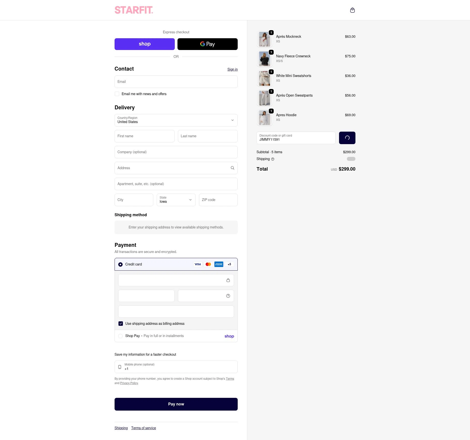 STARFIT checkout page showing STARFIT discount code box | Screenshot taken by SimplyCodes community member on Feb 11, 2026