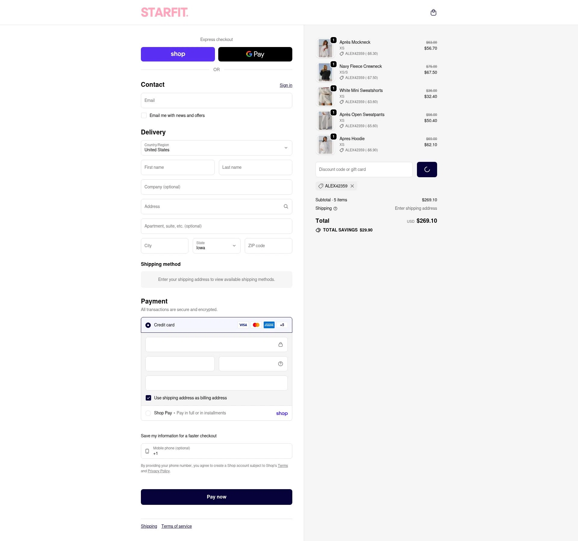 STARFIT checkout page showing STARFIT discount code box | Screenshot taken by SimplyCodes community member on Feb 11, 2026