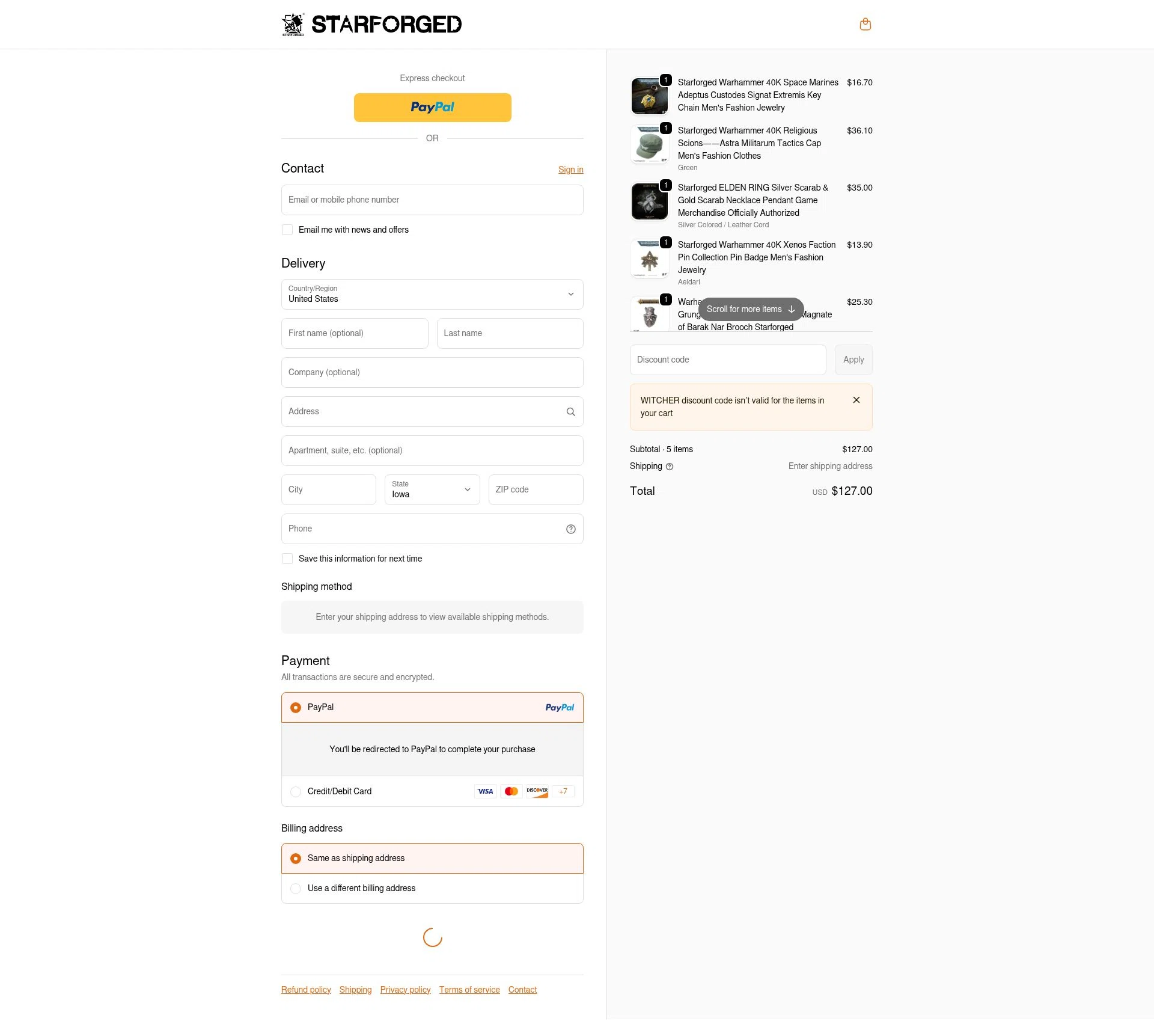 starforged checkout page showing starforged discount code box | Screenshot taken by SimplyCodes community member on Feb 5, 2026