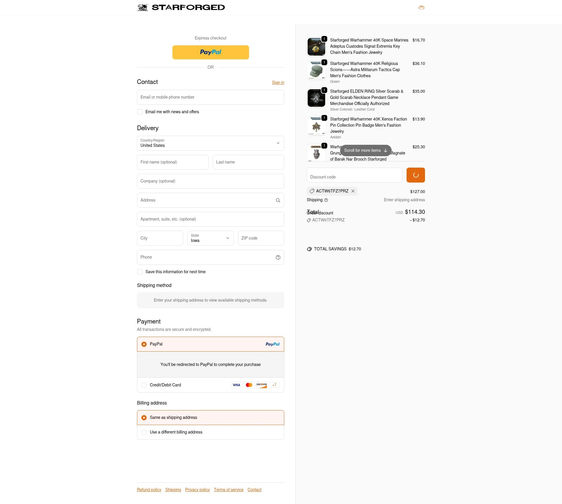 starforged checkout page showing starforged discount code box | Screenshot taken by SimplyCodes community member on Feb 5, 2026
