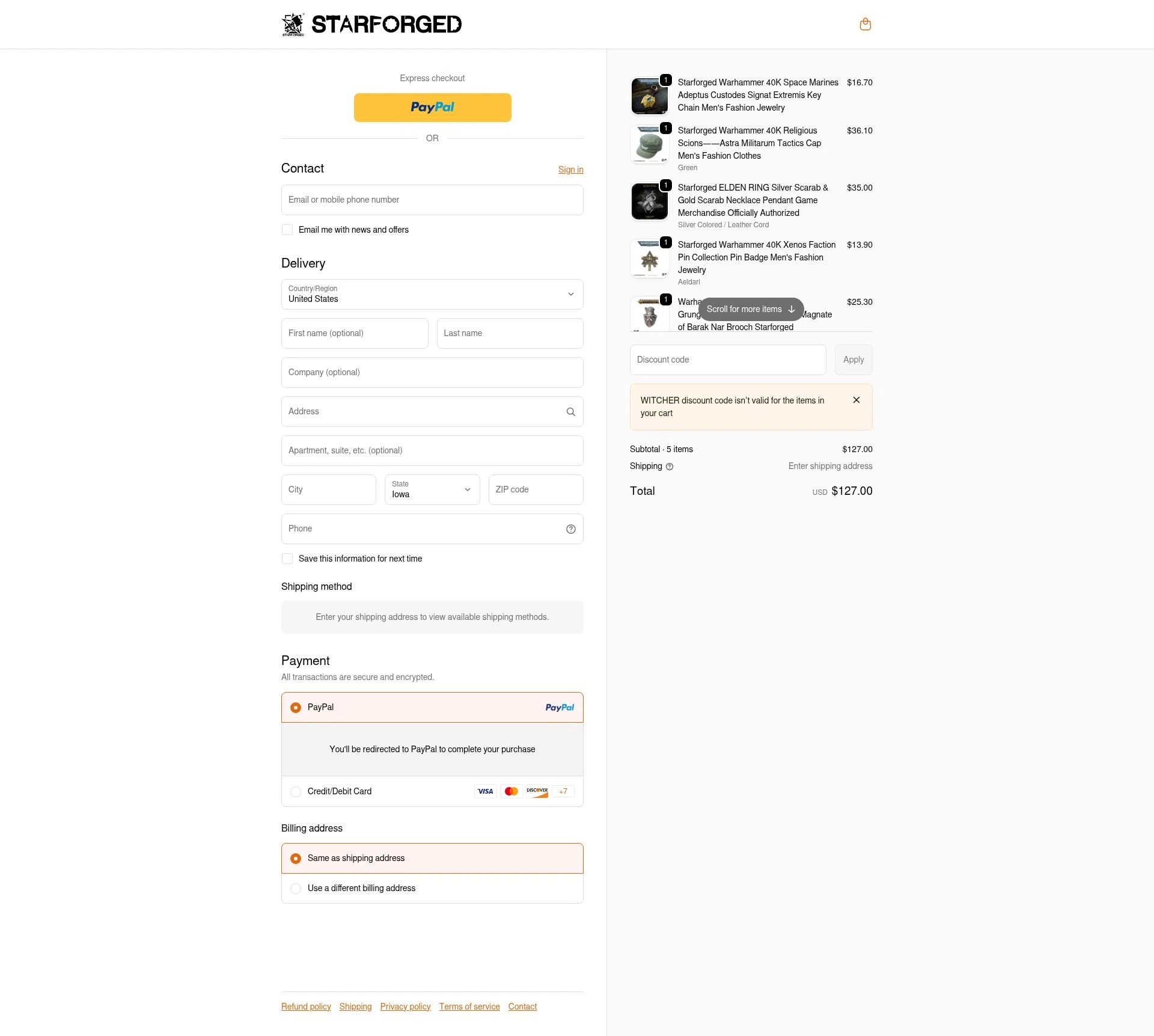 starforged checkout page showing starforged discount code box | Screenshot taken by SimplyCodes community member on Jan 31, 2026
