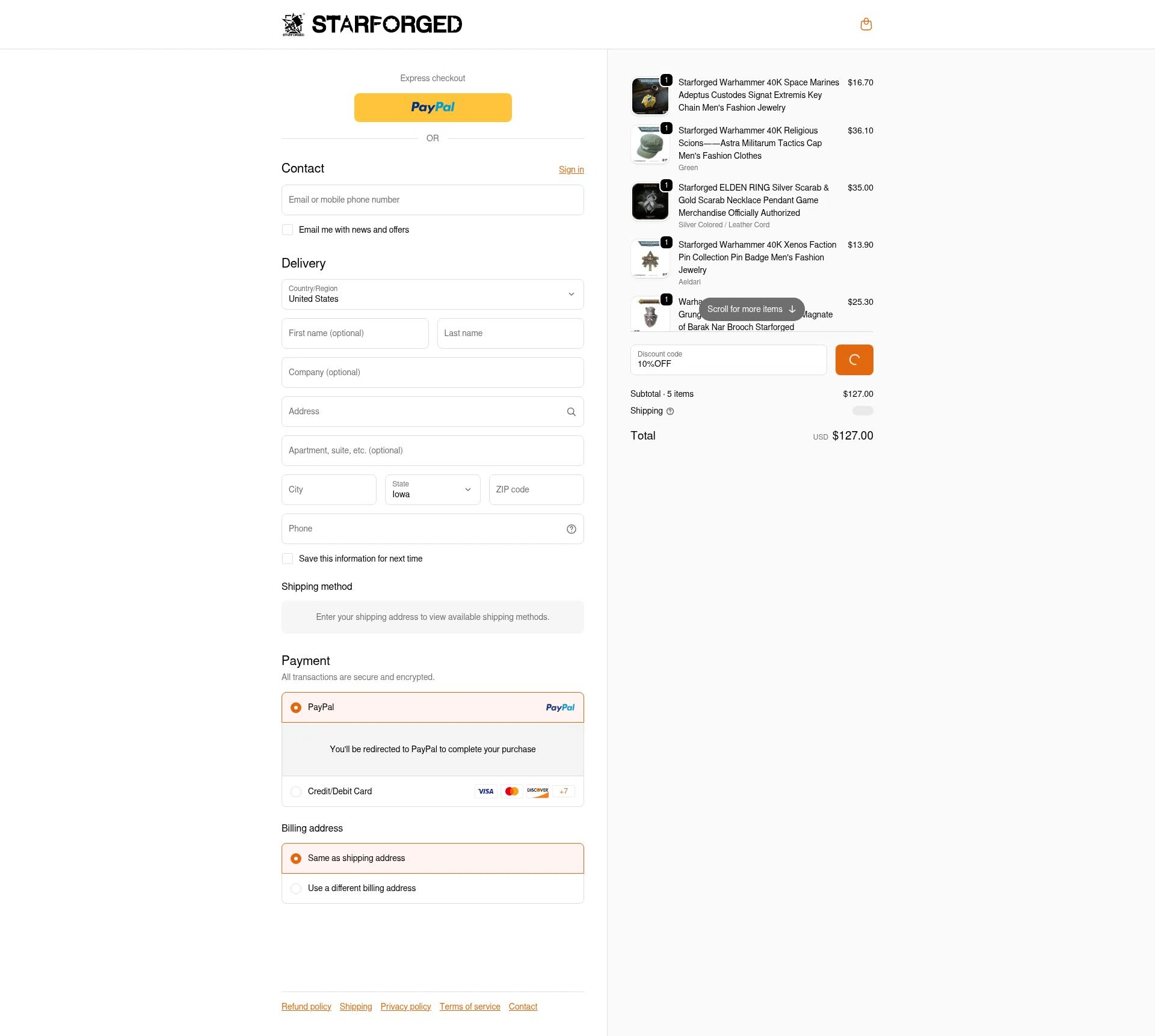starforged checkout page showing starforged discount code box | Screenshot taken by SimplyCodes community member on Jan 31, 2026
