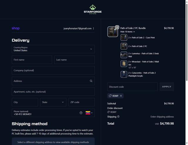 Starforge Systems checkout page showing Starforge Systems discount code box | Screenshot taken by SimplyCodes community member on Oct 7, 2025