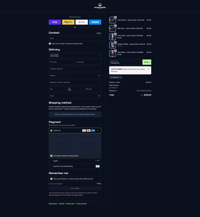 Starforge Systems checkout page showing Starforge Systems discount code box | Screenshot taken by SimplyCodes community member on Oct 12, 2025