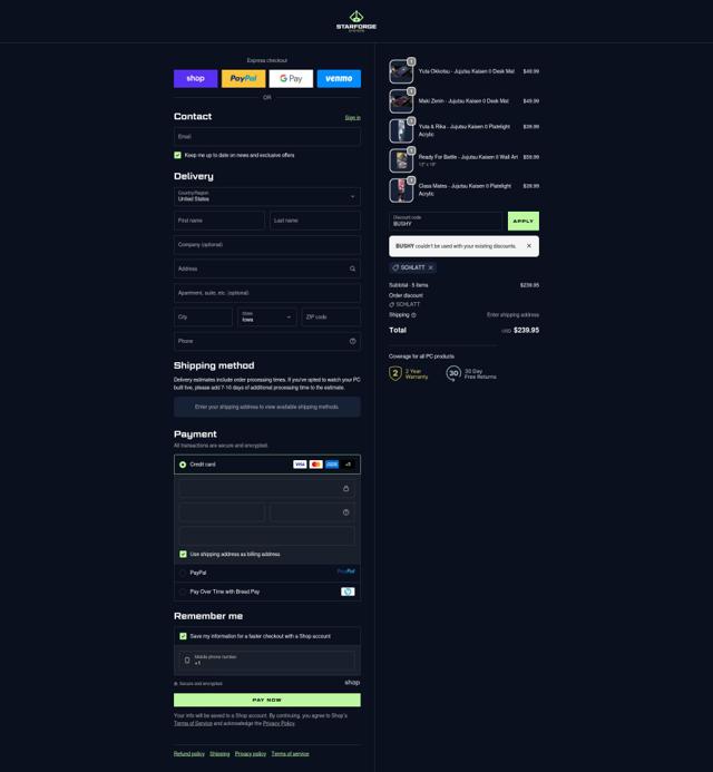 Starforge Systems checkout page showing Starforge Systems discount code box | Screenshot taken by SimplyCodes community member on Oct 12, 2025