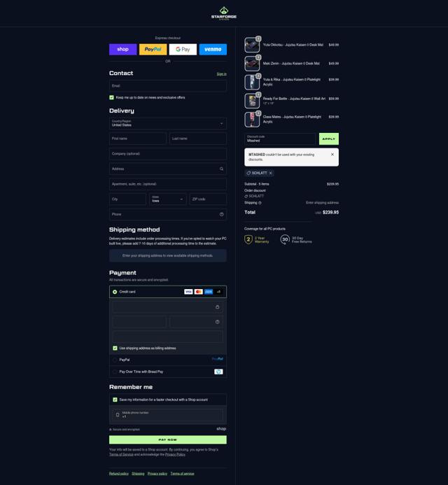 Starforge Systems checkout page showing Starforge Systems discount code box | Screenshot taken by SimplyCodes community member on Oct 12, 2025