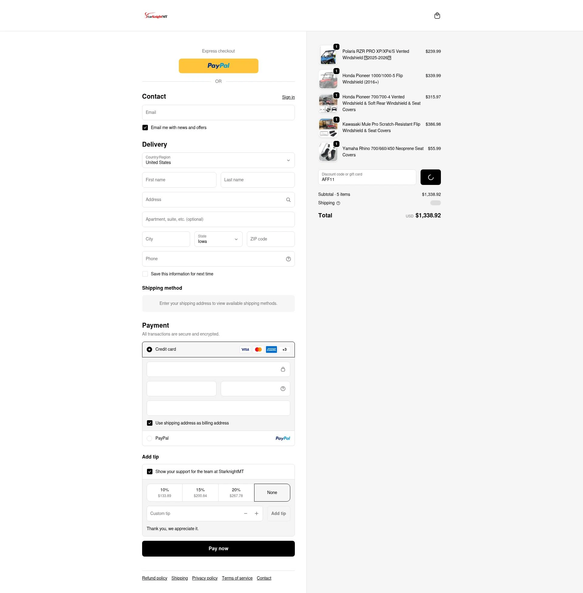StarKnightMT checkout page showing StarKnightMT promo code box | Screenshot taken by SimplyCodes community member on Jan 9, 2026