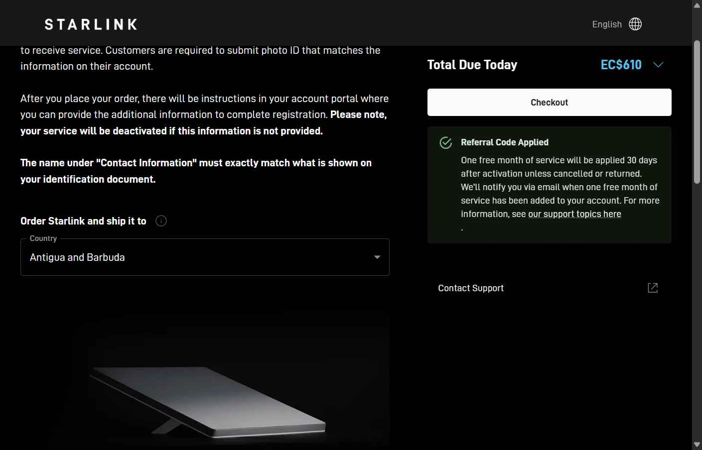 Starlink Internet checkout page showing Starlink Internet discount code box | Screenshot taken by SimplyCodes community member on Oct 14, 2025