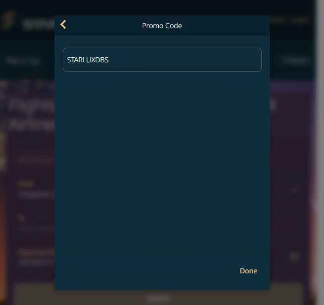 STARLUX Airlines  US checkout page showing STARLUX Airlines  US promo code box | Screenshot taken by SimplyCodes community member on May 11, 2025