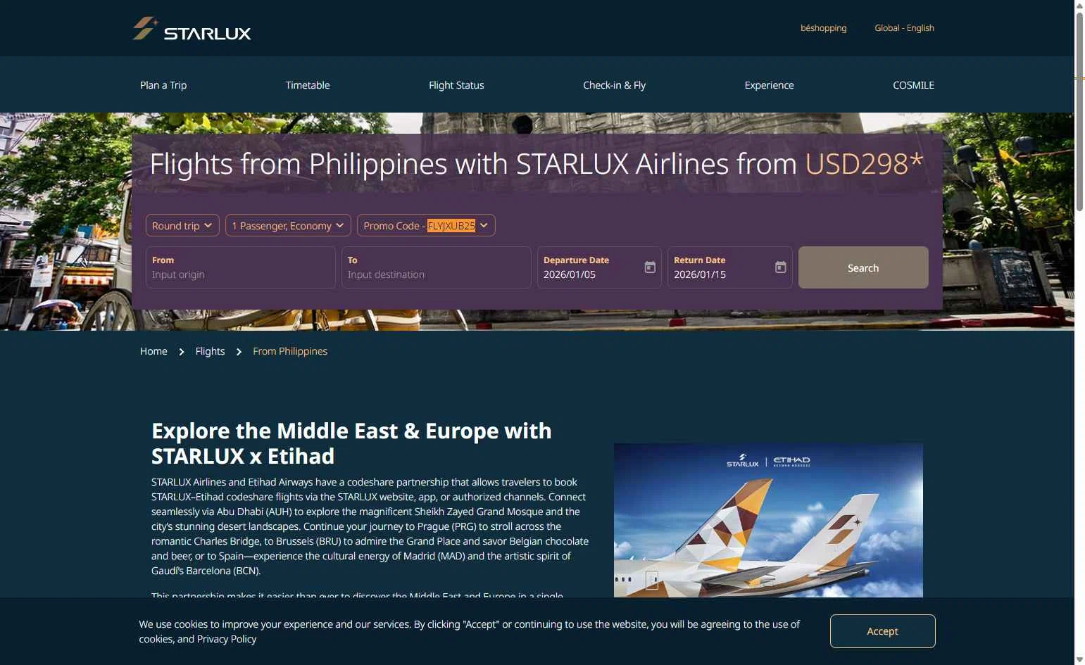 STARLUX Airlines  US checkout page showing STARLUX Airlines  US promo code box | Screenshot taken by SimplyCodes community member on Jan 1, 2026