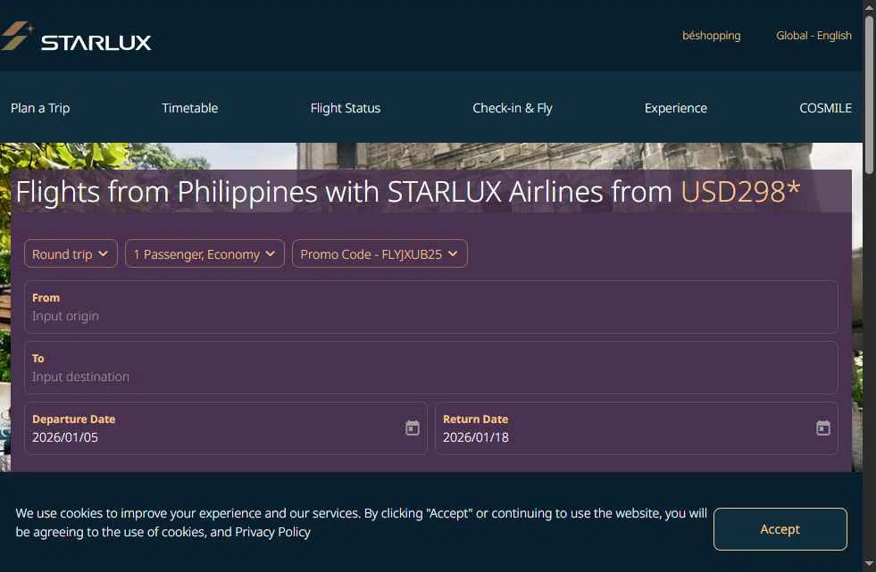 STARLUX Airlines  US checkout page showing STARLUX Airlines  US promo code box | Screenshot taken by SimplyCodes community member on Jan 4, 2026