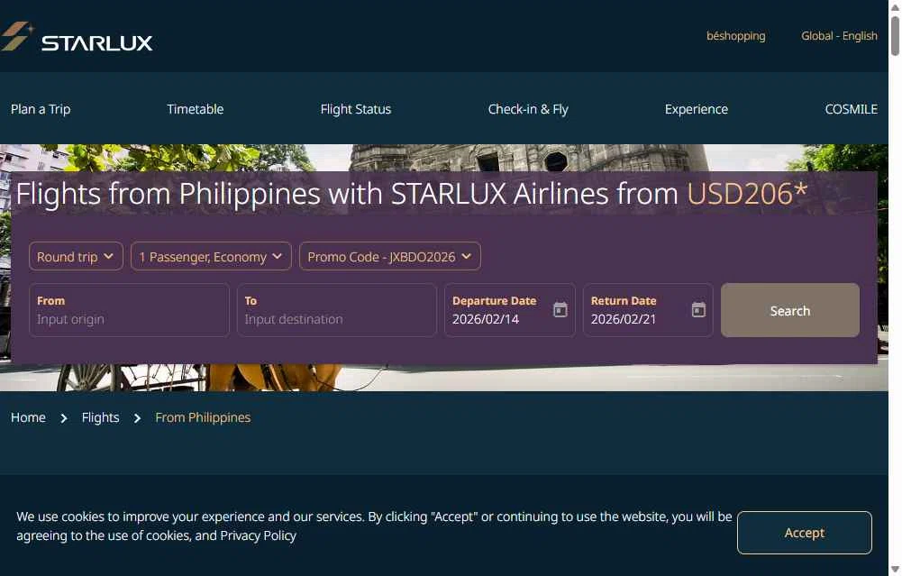 STARLUX Airlines  US checkout page showing STARLUX Airlines  US promo code box | Screenshot taken by SimplyCodes community member on Feb 7, 2026