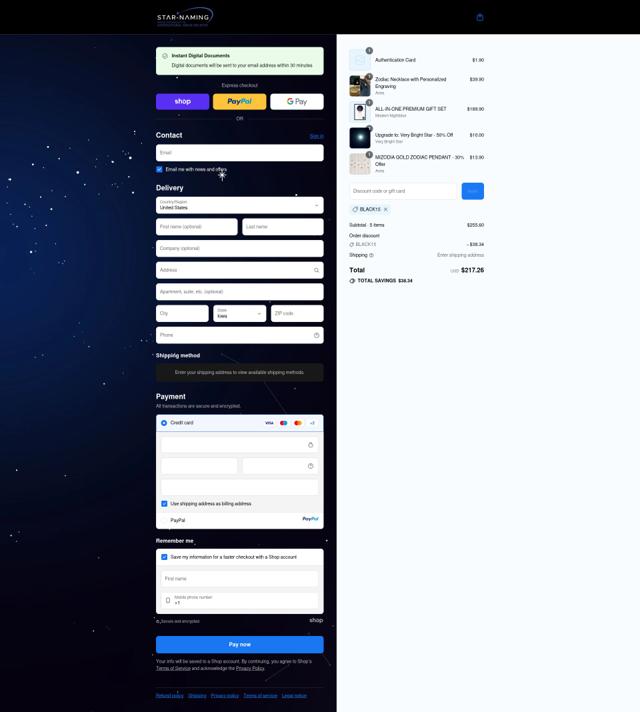 Star Naming checkout page showing Star Naming discount code box | Screenshot taken by SimplyCodes community member on Sep 15, 2025