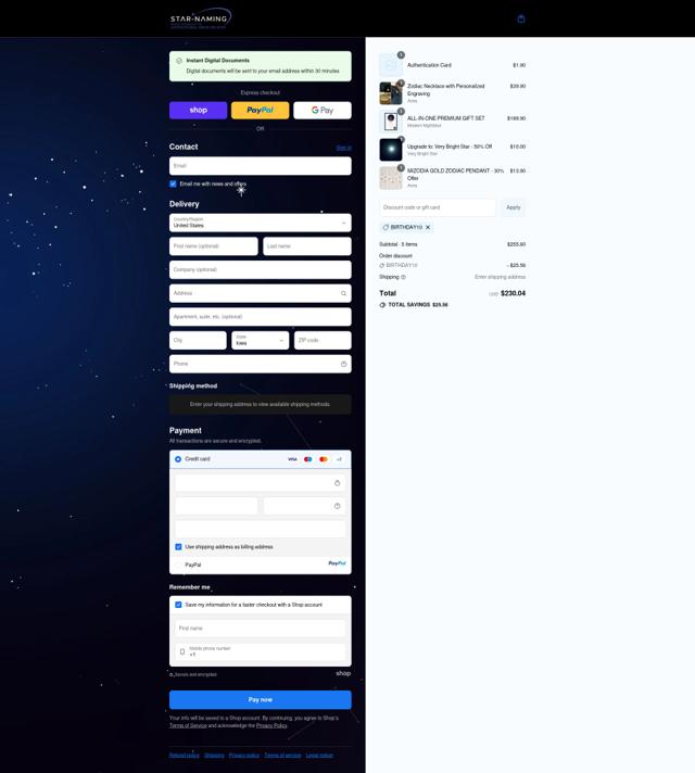 Star Naming checkout page showing Star Naming discount code box | Screenshot taken by SimplyCodes community member on Sep 15, 2025