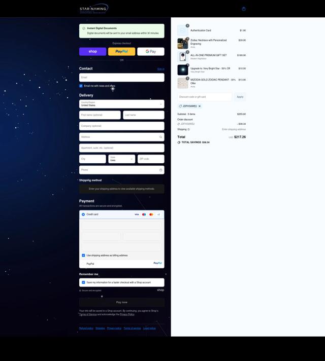 Star Naming checkout page showing Star Naming discount code box | Screenshot taken by SimplyCodes community member on Sep 11, 2025
