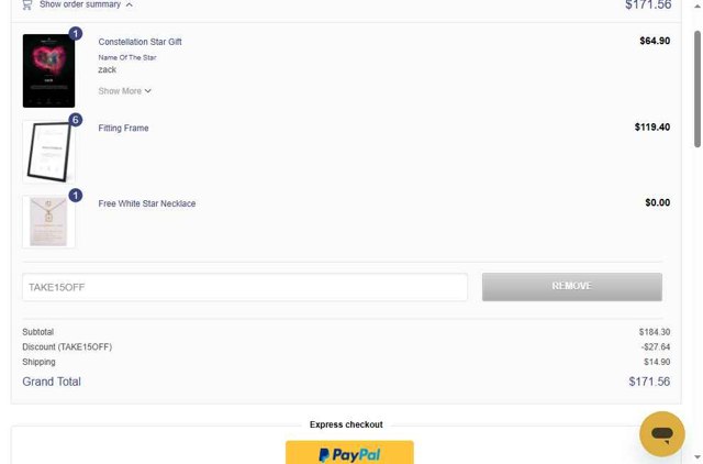 StarRegistration.net checkout page showing StarRegistration.net promo code box | Screenshot taken by SimplyCodes community member on Aug 20, 2025